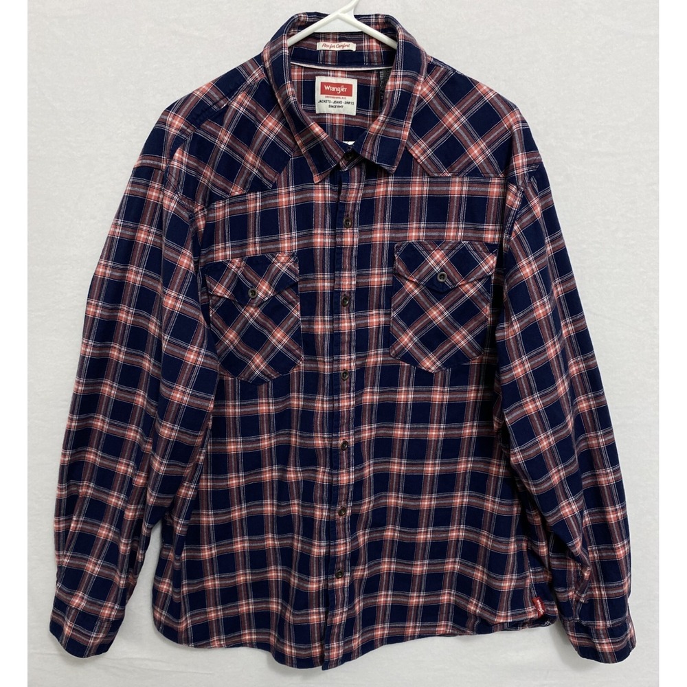 Wrangler Western Cowboy Mens Comfort Flex 2XL Shirt Plaid Blue Pink Button Front